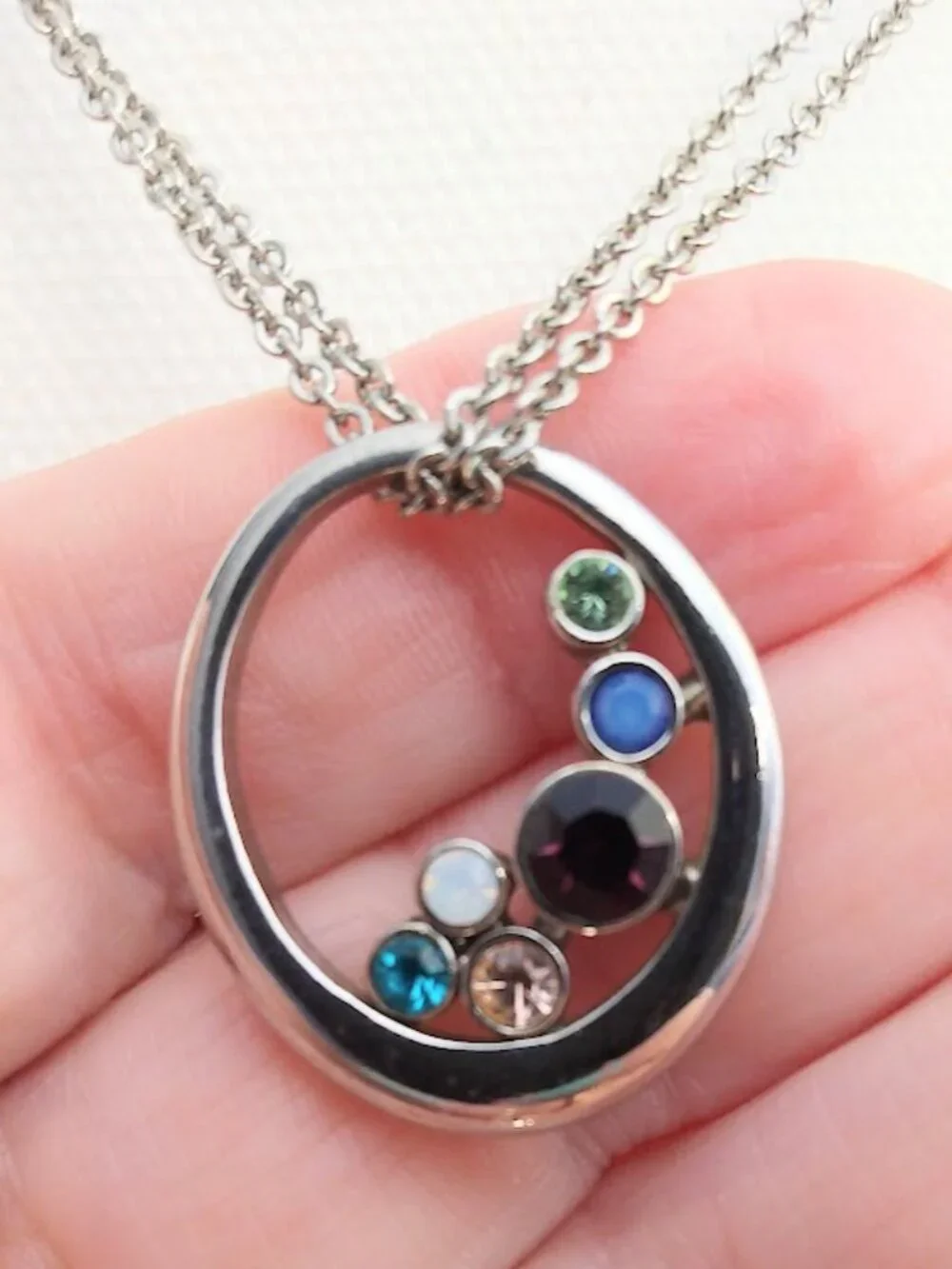 Lia Sophia Necklace Silver Tone Gemstone Circle Pendant with Multi Strand Chain